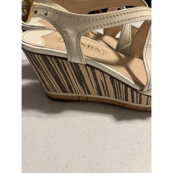 Prada Wedge Sandals 38 Beige Brown Wooden Leather Wedge Platform Slingback - Picture 7 of 12